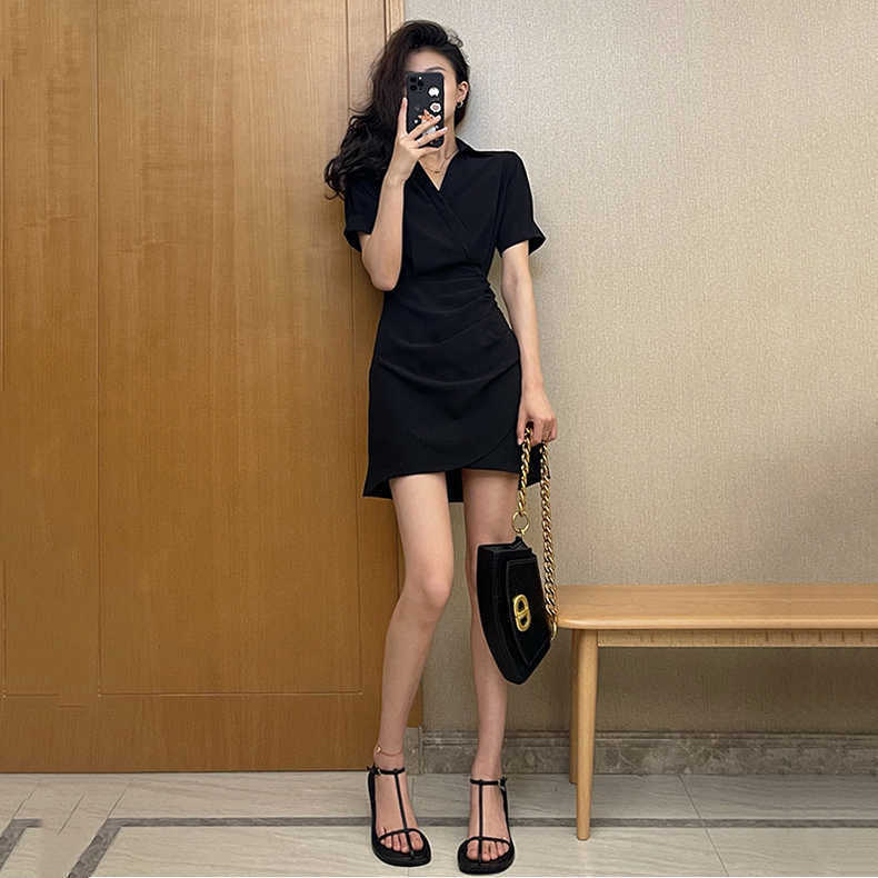 毆膩同款 韓國自訂 夏季設計感不規則褶皺開叉顯瘦襯衫洋裝