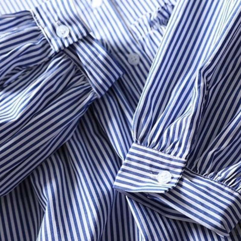 人氣熱銷款 純棉花邊寬鬆襯衫 條紋拼接開衫 設計感長袖木耳邊上身襯衫