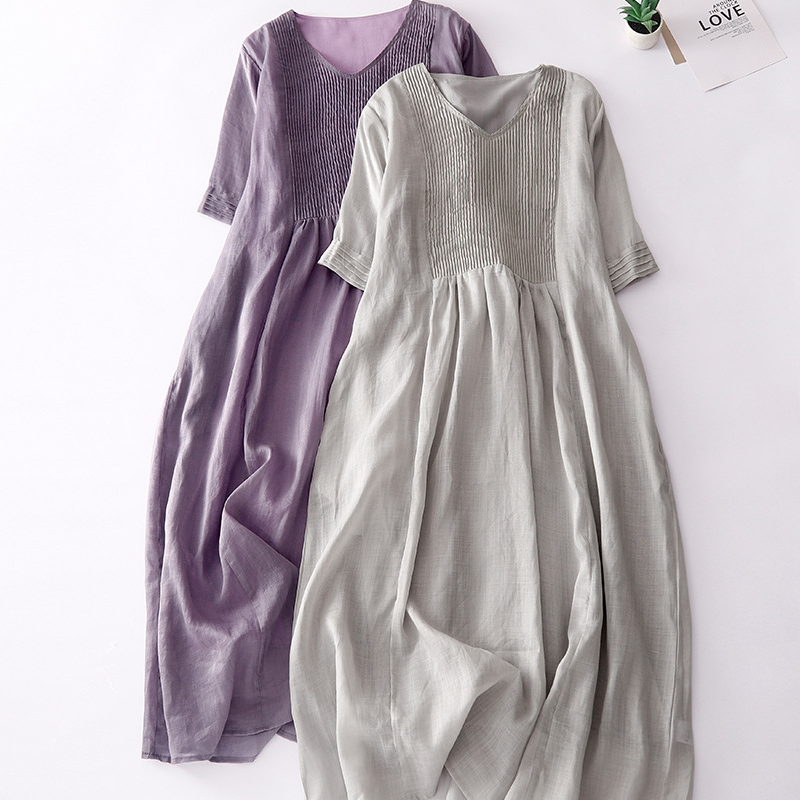 復古 設計感 風琴褶 洋裝 文藝 純色V領 苧麻 清涼 顯瘦 長裙