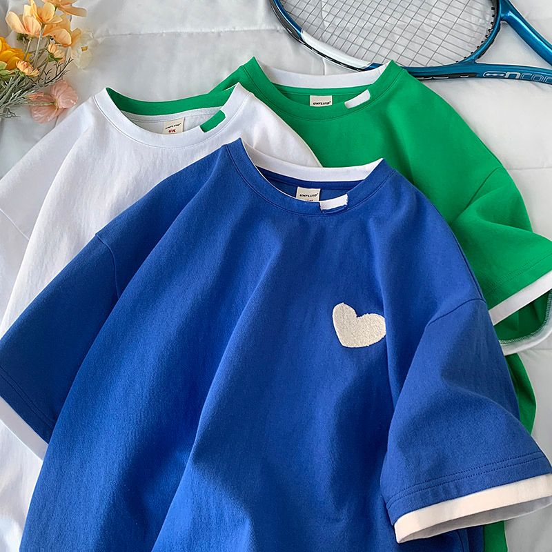 愛心 刺繡 假兩件短袖 T恤 設計感 小眾 閨蜜 情侶裝 半袖 上衣