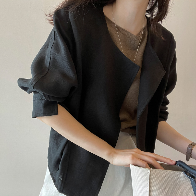 韓國chic 開襟 純色 簡約 薄款 袖口 開叉 長袖 短外套 罩衫外套