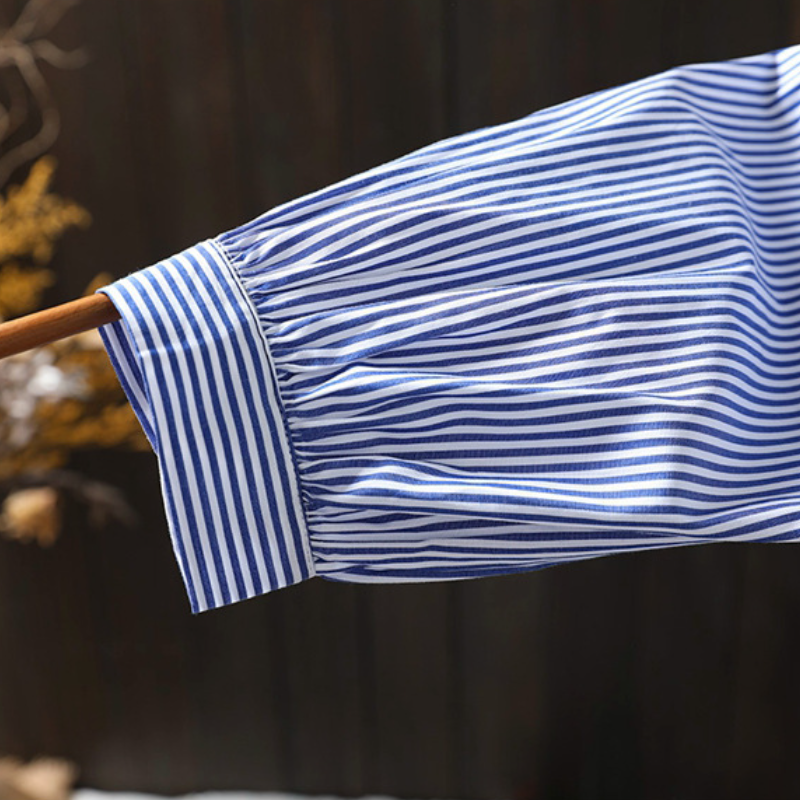 人氣熱銷款 純棉花邊寬鬆襯衫 條紋拼接開衫 設計感長袖木耳邊上身襯衫