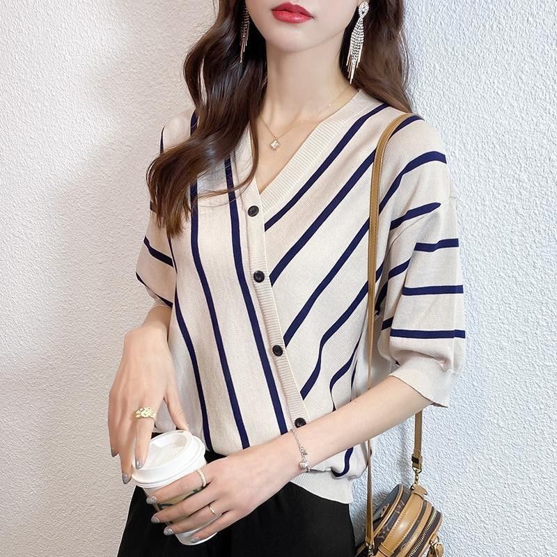 冰絲五分袖針織衫 條紋短袖t恤 寬鬆港風日系半袖上衣 夏新款v領薄IG潮