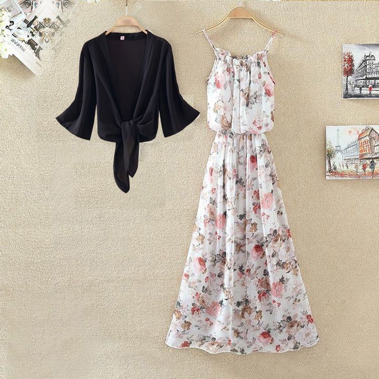 【單品可選】韓版 純色 罩衫+沙灘裙 寬松 長裙 波西米亞 碎花 吊帶洋裝套裝