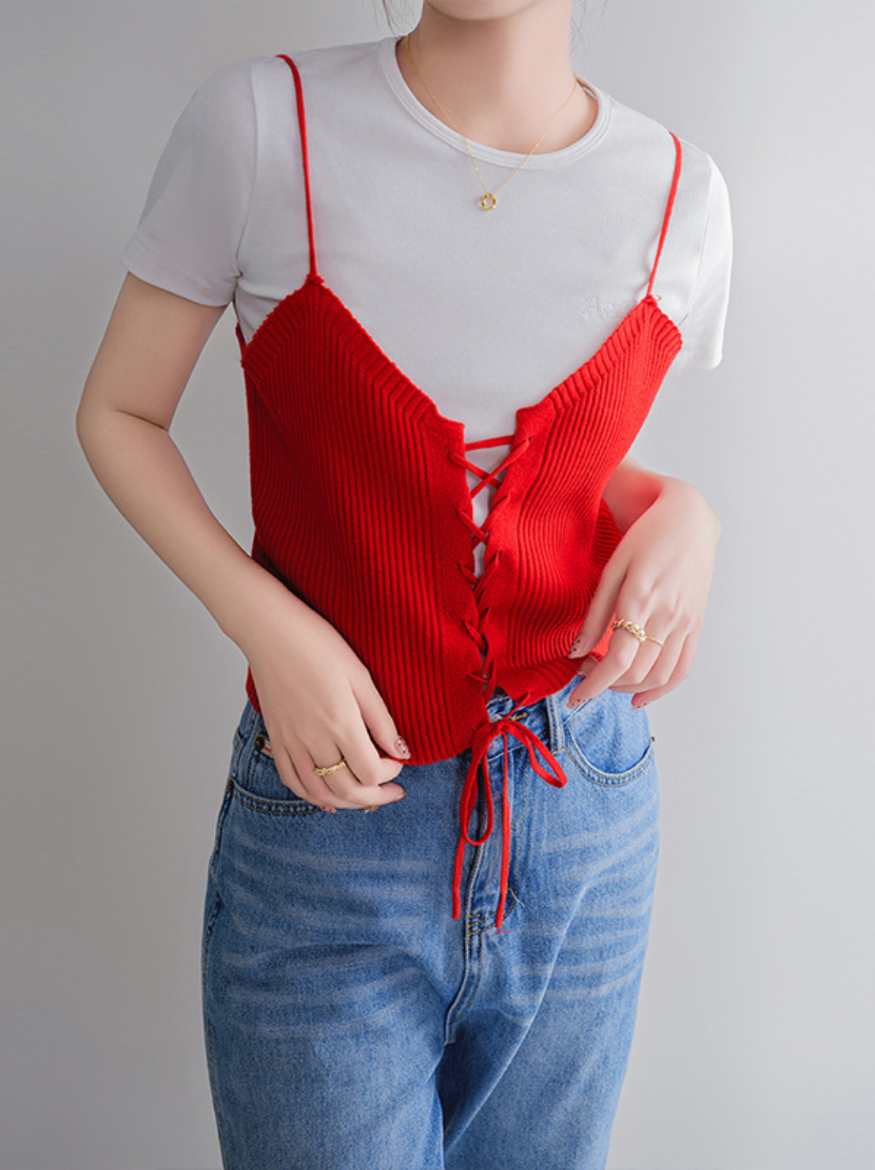 紅繩針織 設計感綁帶 細肩帶背心