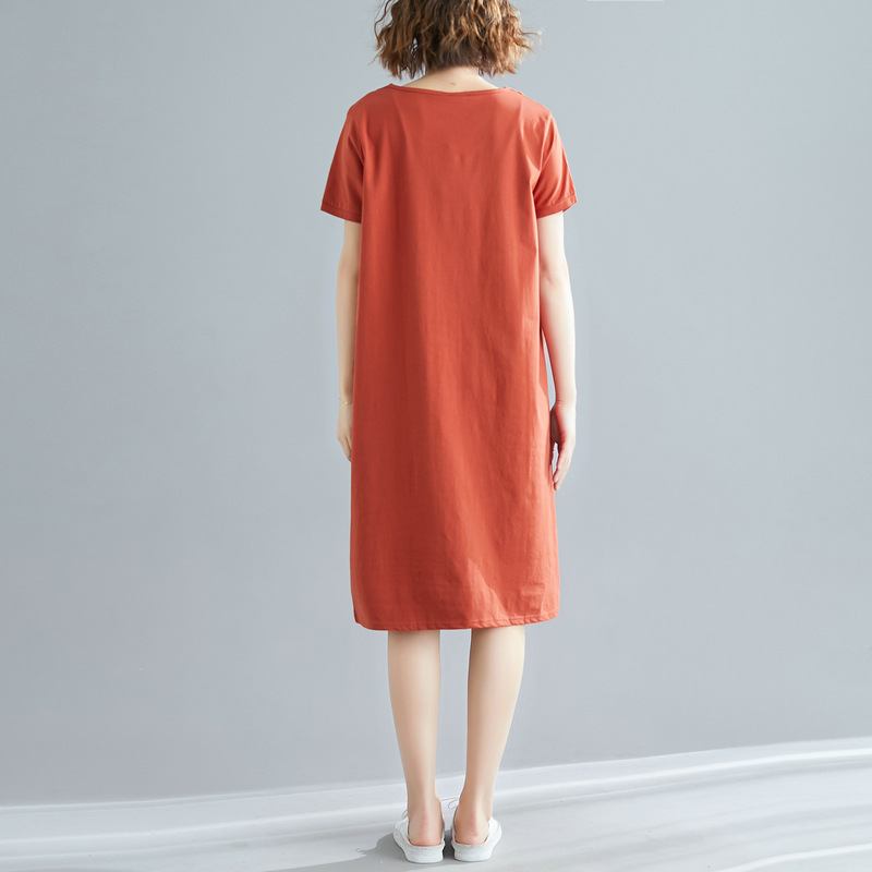 大尺碼女裝夏季寬鬆韓版中長款T恤裙子大尺碼純色V領顯瘦短袖洋裝