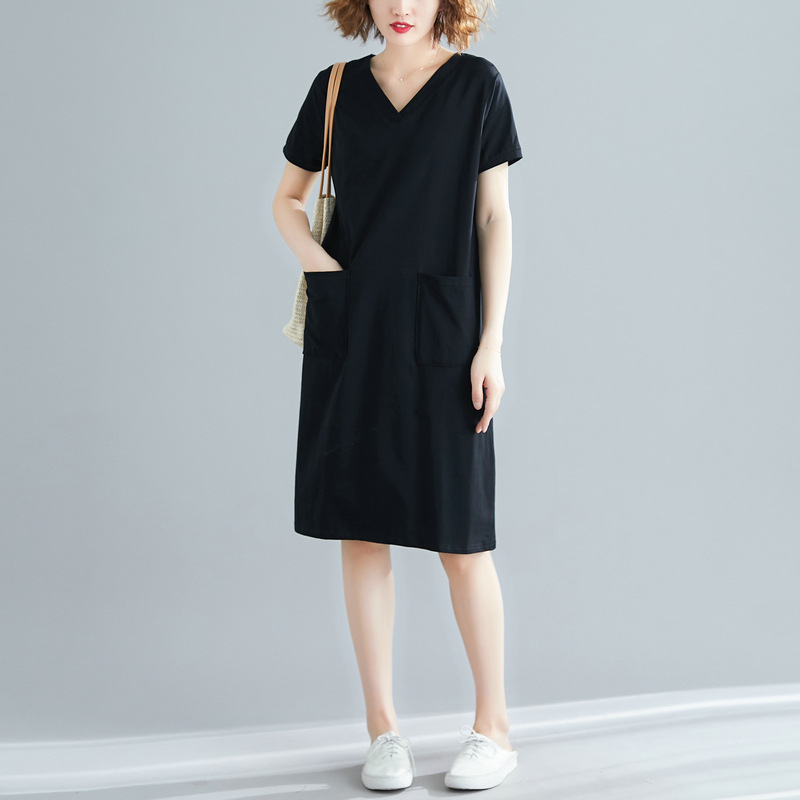 大尺碼女裝夏季寬鬆韓版中長款T恤裙子大尺碼純色V領顯瘦短袖洋裝