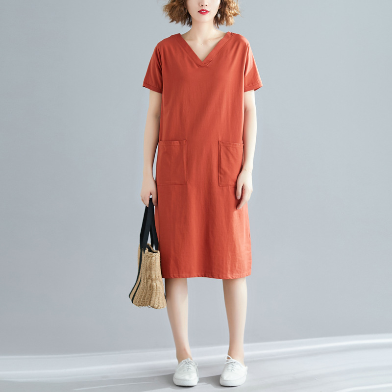 大尺碼女裝夏季寬鬆韓版中長款T恤裙子大尺碼純色V領顯瘦短袖洋裝