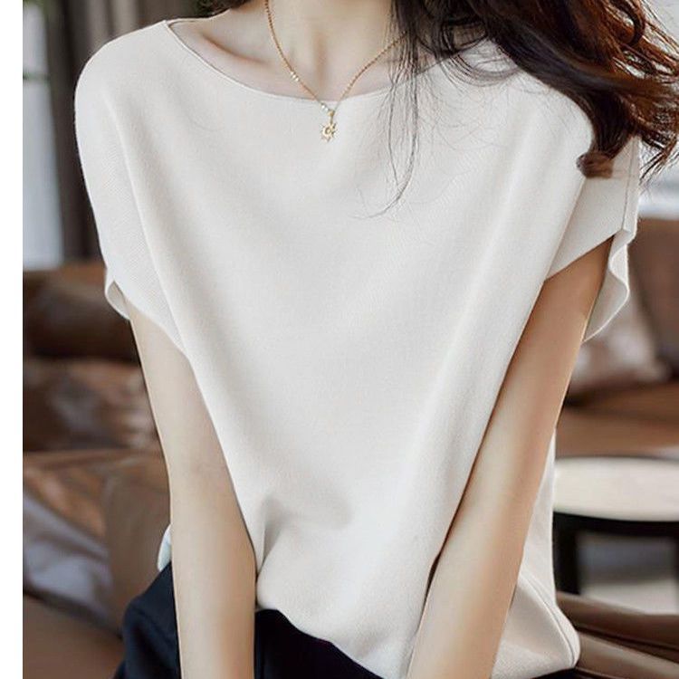法式 圓領 素面 寬鬆 薄款 針織 T恤