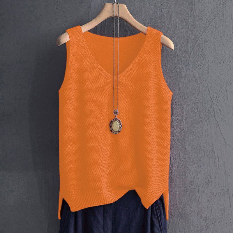 必備百搭款 棉麻 針織 寬鬆 V領 休閒 打底衫 無袖 背心