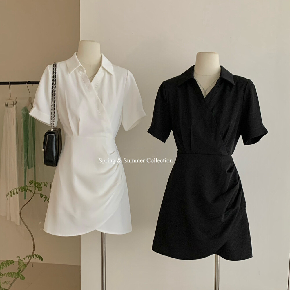 毆膩同款 韓國自訂 夏季設計感不規則褶皺開叉顯瘦襯衫洋裝