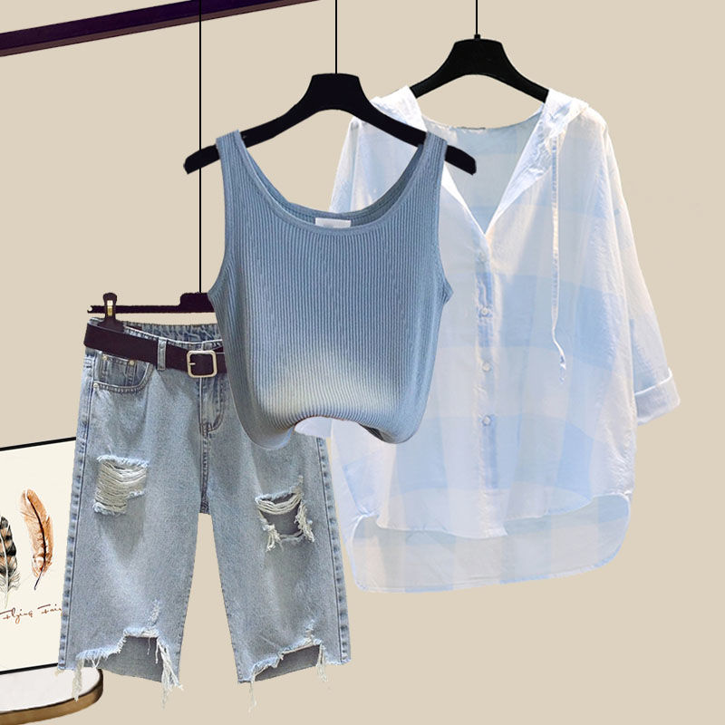 【單品可選】氣質百搭格紋連帽襯衫+簡約遮肉背心+高腰破洞牛仔褲套裝