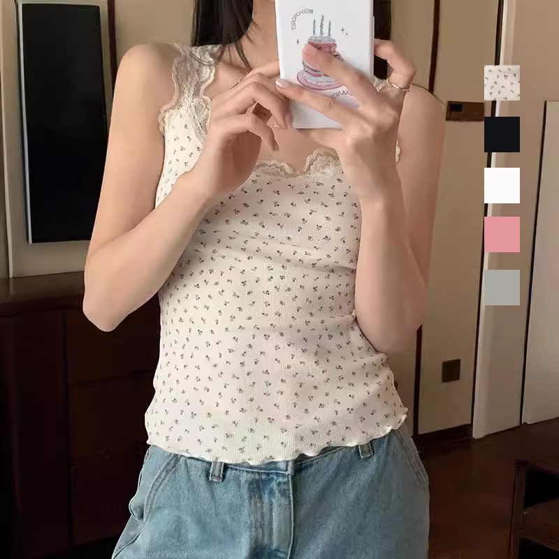 Bratop 小可愛*6色入 甜辣純慾系蕾絲花邊 碎花 吊帶背心夏季甜美修身內搭外穿上身