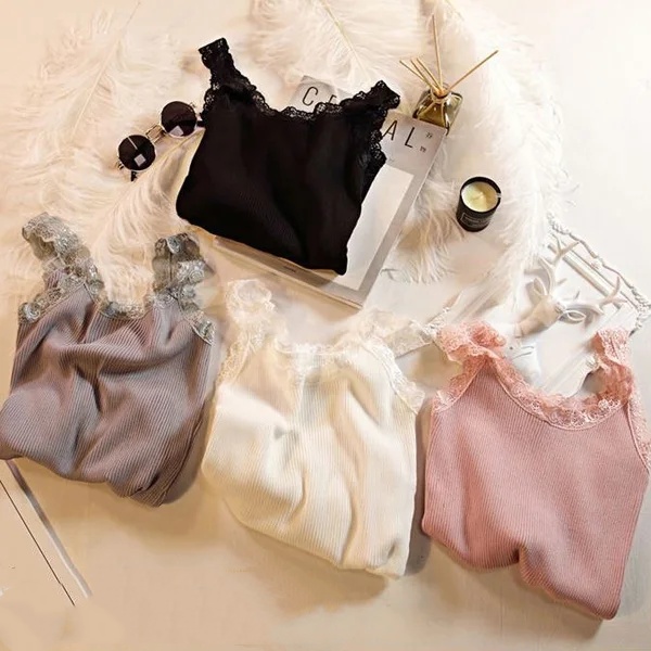 Bratop 柔軟親膚小可愛 甜美蕾絲邊拼接吊帶背心 韓版薄款內搭無袖背心