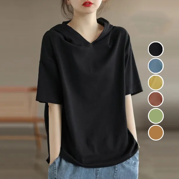 純棉短袖連帽T*6色可選 夏天薄款帶帽打底衫可外穿純色T恤上衣