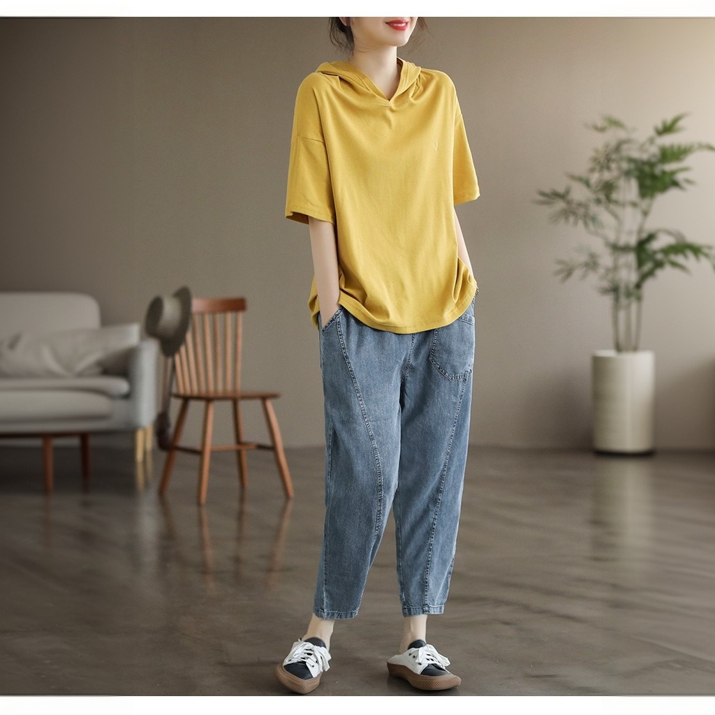 純棉短袖連帽T*6色可選 夏天薄款帶帽打底衫可外穿純色T恤上衣