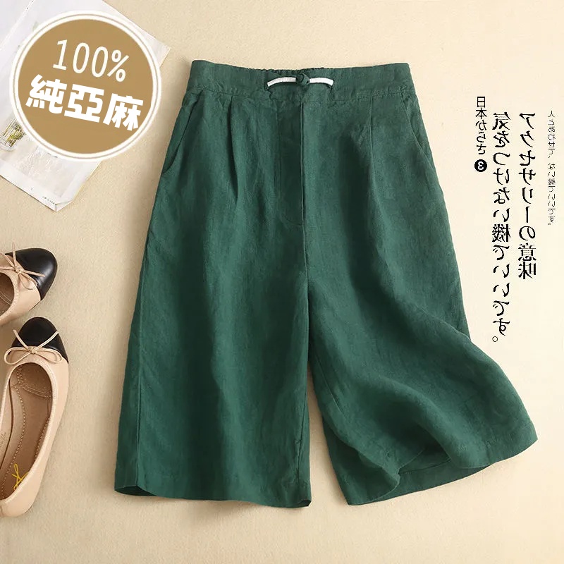 女棉麻五分中褲直筒休閒高腰亞麻寬腿短褲