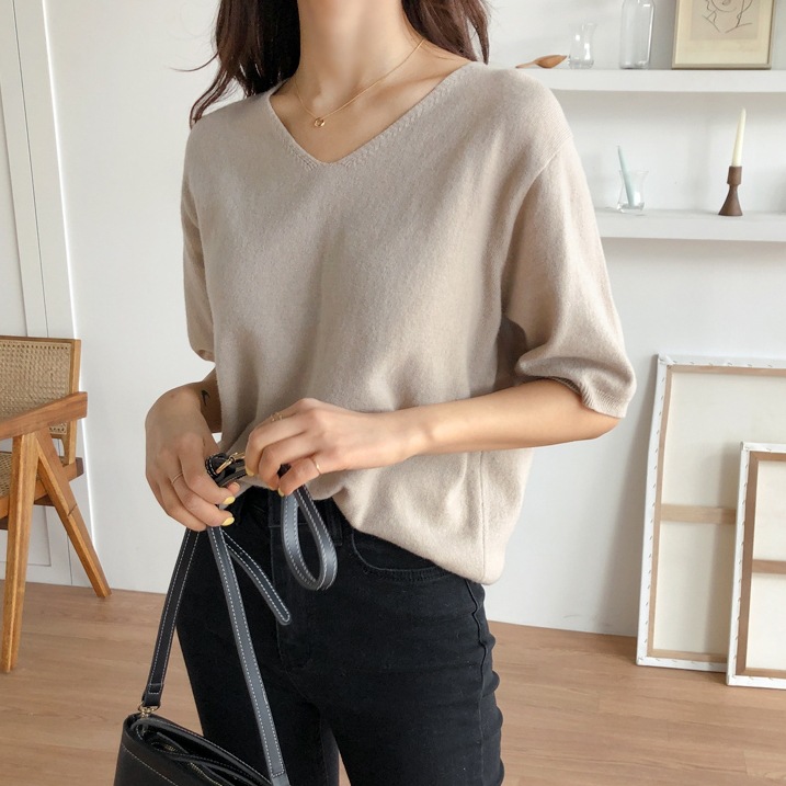 *11色可選 半袖/五分袖/長袖冰絲針織V領T恤上衣 新款新色 純色短袖T恤顯白V領休閒針織衫