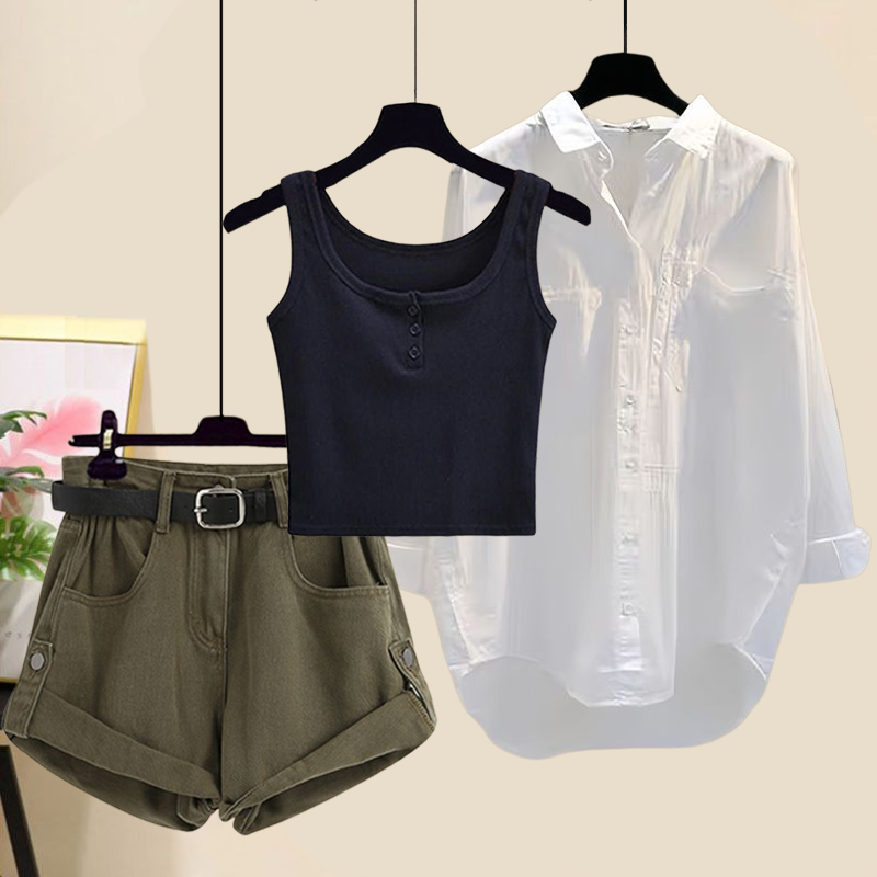 【穿搭一整套】整套特價$1165 韓版優雅風簡約復古紐扣背心+百搭襯衫+捲邊牛仔短褲套裝