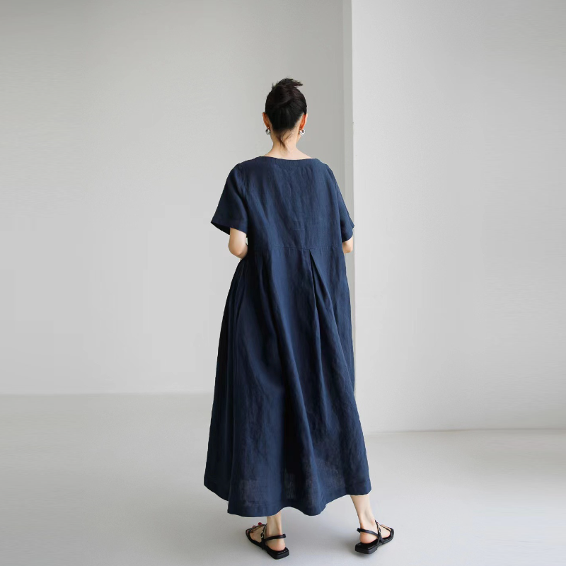 日韓版純色棉麻圓領寬鬆洋裝 寬鬆大碼韓版棉麻風純色過膝長裙大擺裙