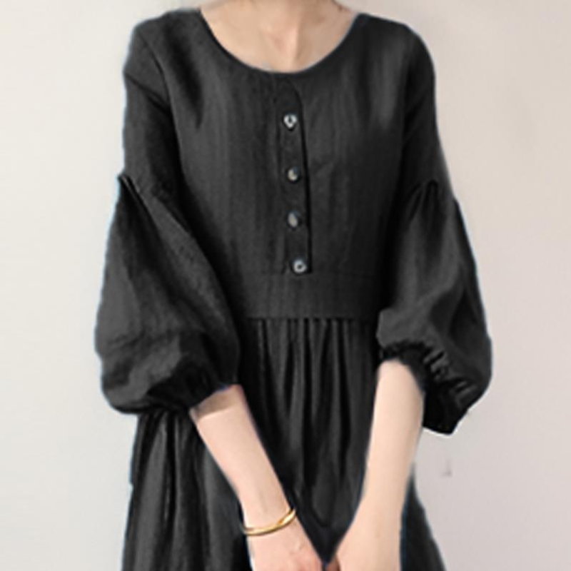 日系 純色顯瘦 燈籠袖 圓領 蛋糕裙 長款 休閒洋裝