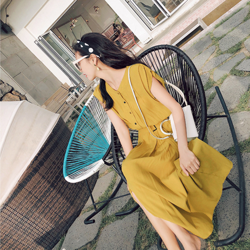 韓系優雅 OL穿搭 素面 短袖 高腰 Ａ字裙 壓褶 休閒長洋裝