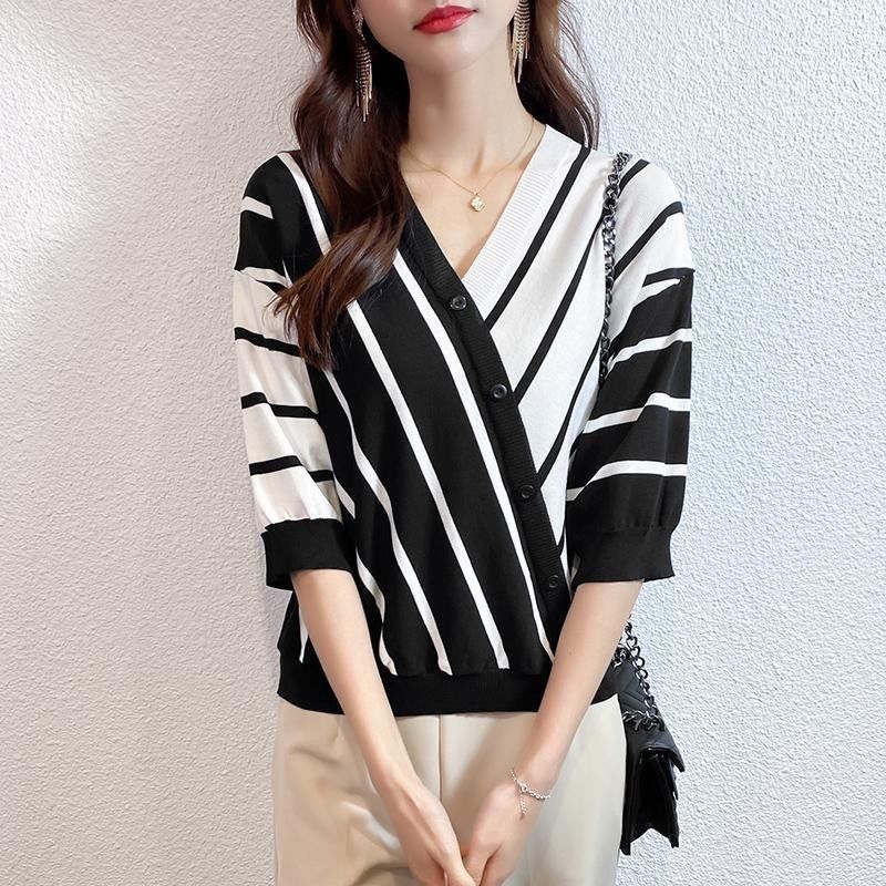 冰絲五分袖針織衫 條紋短袖t恤 寬鬆港風日系半袖上衣 夏新款v領薄IG潮