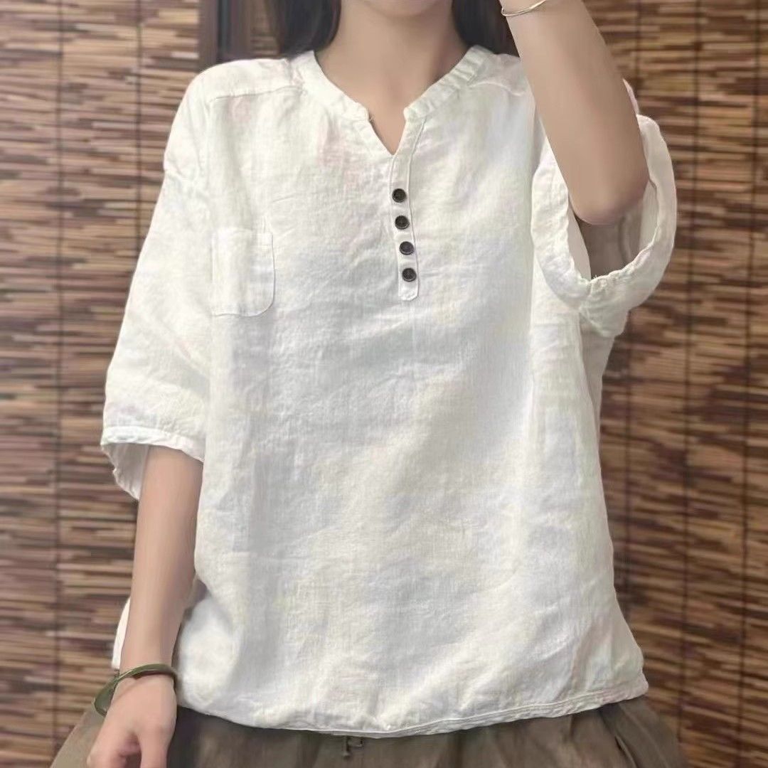 文藝 棉麻 刺繡 立領 寬鬆 百搭顯瘦 薄款 五分袖 襯衫