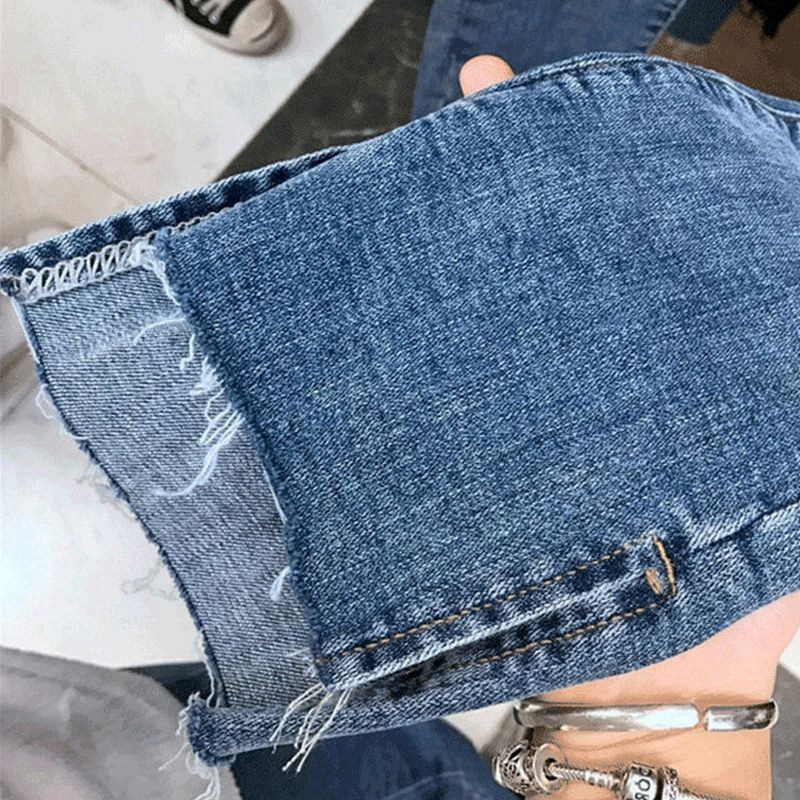 韓版東大門自訂大尺碼女裝 顯瘦褲子高腰彈力破洞牛仔褲女九分褲潮