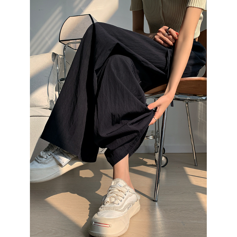 冰絲皺寬褲薄款高腰垂感日系慵懶直筒褲肌理感褶皺休閒褲女