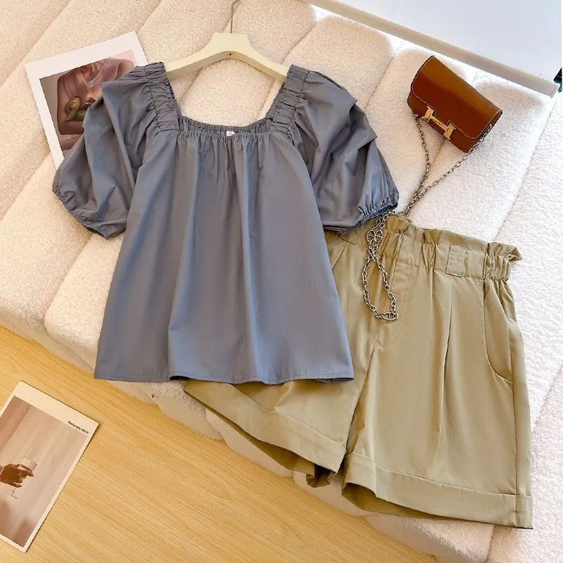 【單品可選】方領寬鬆泡泡袖襯衫+寬鬆高腰顯瘦工裝短褲套裝
