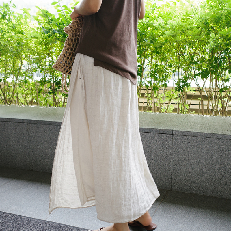 文藝 復古 假兩件 寬鬆 休閒 飄逸 顯瘦 九分 棉麻 開叉褲裙