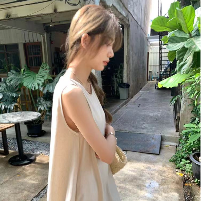 園遊會韓版氣質無袖踏青洋裝  寬鬆後背鏤空設計感圓領長款背心裙