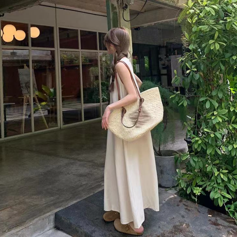 園遊會韓版氣質無袖踏青洋裝  寬鬆後背鏤空設計感圓領長款背心裙