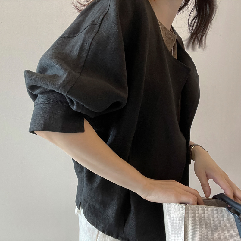 韓國chic 開襟 純色 簡約 薄款 袖口 開叉 長袖 短外套 罩衫外套