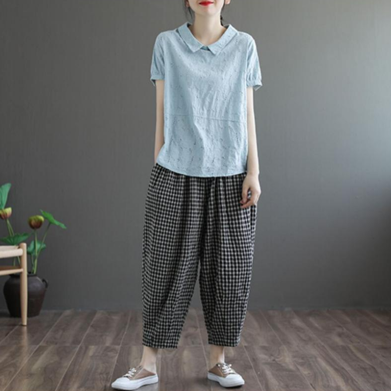 鏤空蕾絲文藝復古寬鬆顯瘦娃娃領短袖T恤 法式99支純細支亞麻襯衫