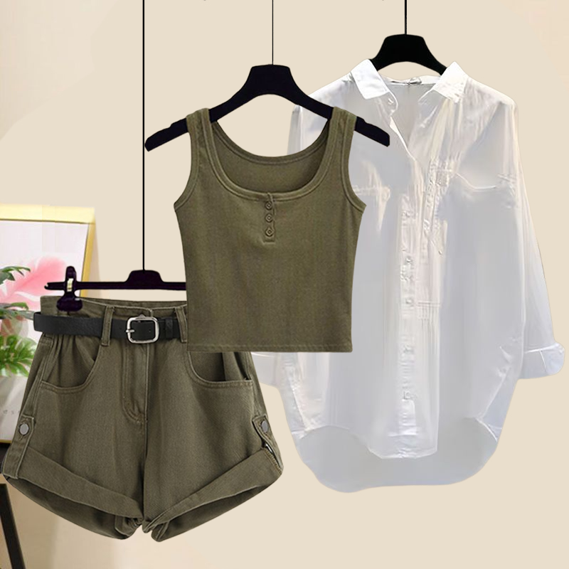 【穿搭一整套】整套特價$1165 韓版優雅風簡約復古紐扣背心+百搭襯衫+捲邊牛仔短褲套裝