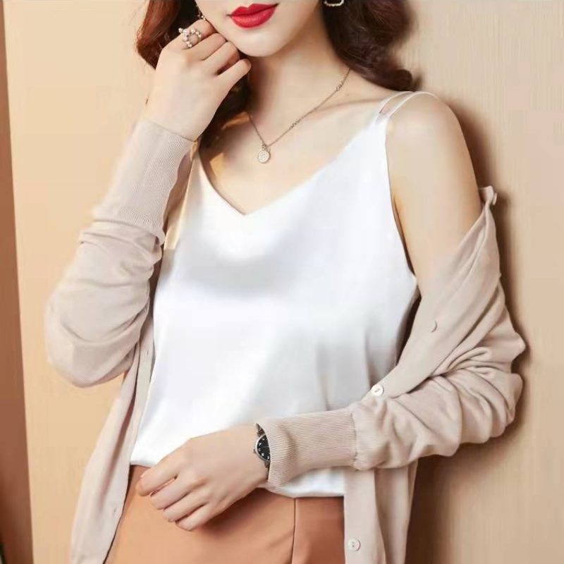 緞面高級感重磅吊帶背心 bratop V領桑蠶絲T恤 氣質百搭西裝內搭緞面打底