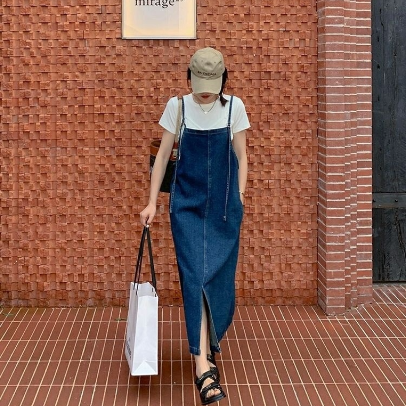 清新韓系 視覺細 無袖 套頭 簡約 素面 休閒 牛仔洋裝