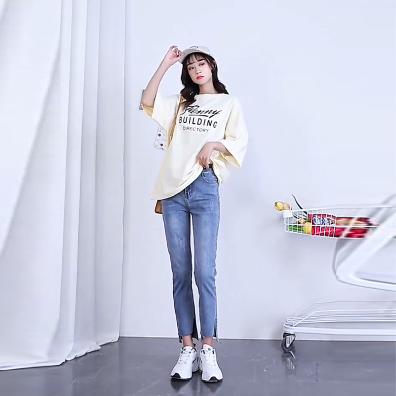 韓版東大門自訂大尺碼女裝 顯瘦褲子高腰彈力破洞牛仔褲女九分褲潮