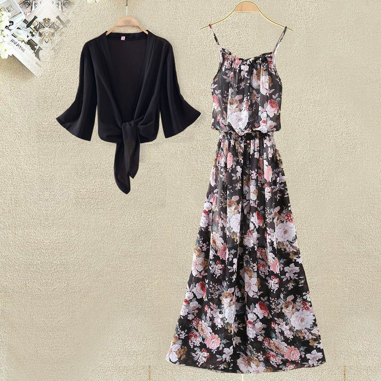 【單品可選】韓版 純色 罩衫+沙灘裙 寬松 長裙 波西米亞 碎花 吊帶洋裝套裝