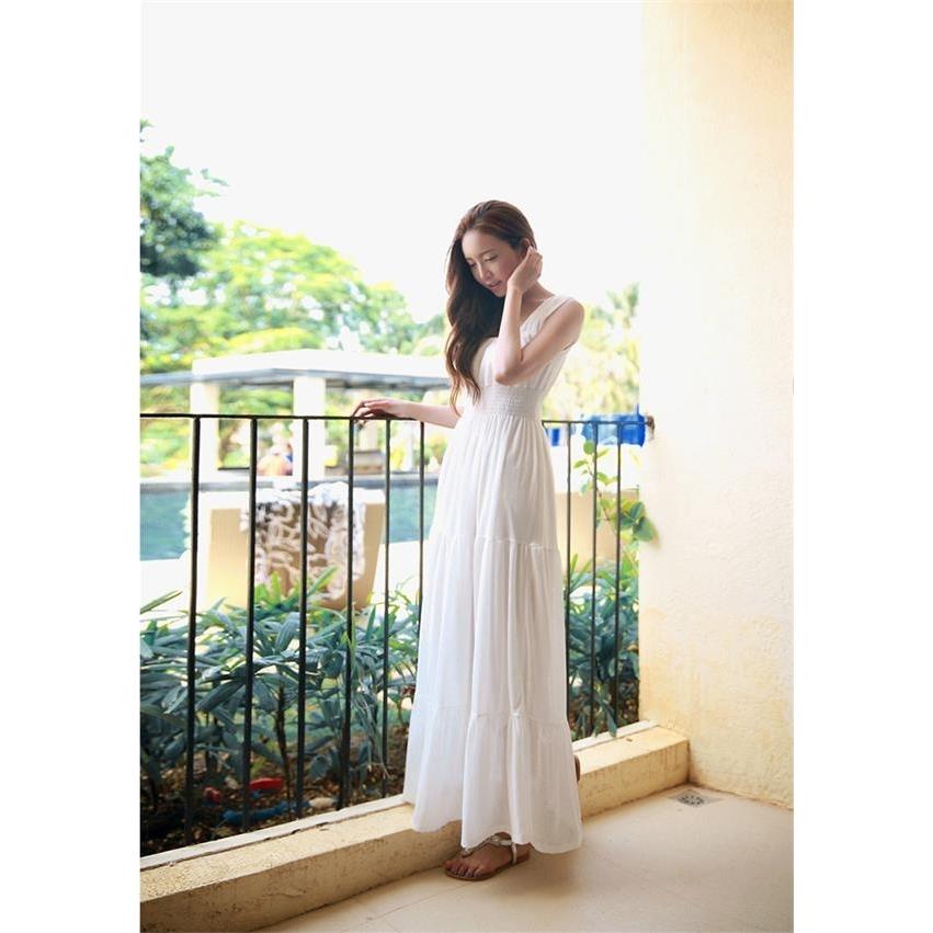 高腰吊帶雪紡拼接純色洋裝