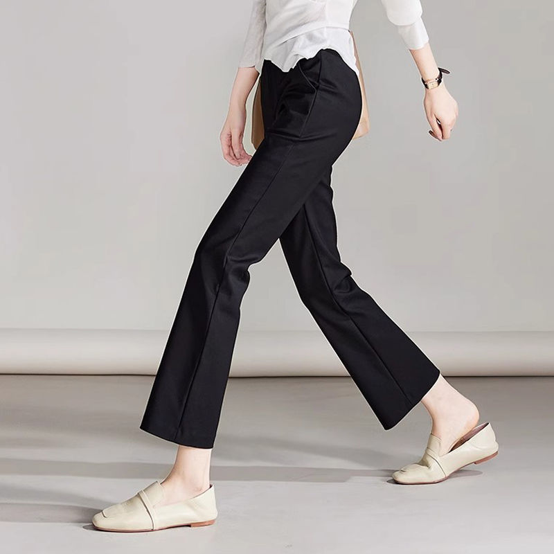 百搭時髦高腰顯瘦 彈力微喇 顯瘦 親膚 通勤 黑色 九分 休閒喇叭褲