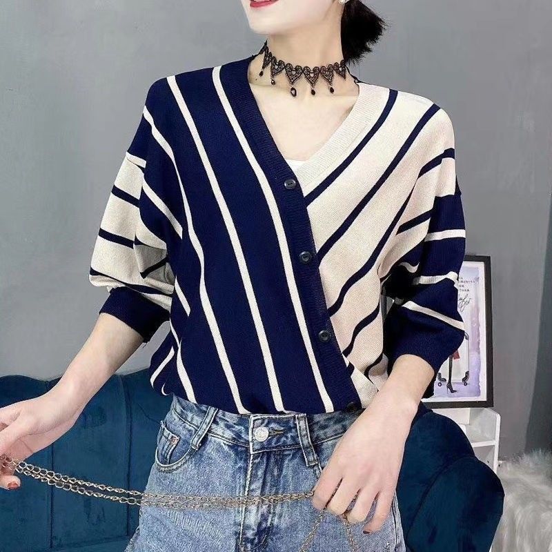 冰絲五分袖針織衫 條紋短袖t恤 寬鬆港風日系半袖上衣 夏新款v領薄IG潮