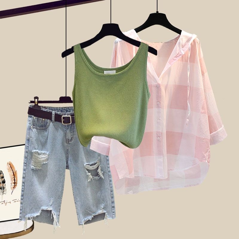 【單品可選】氣質百搭格紋連帽襯衫+簡約遮肉背心+高腰破洞牛仔褲套裝