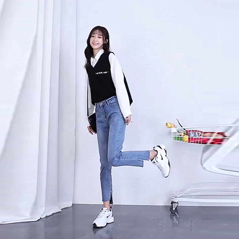 韓版東大門自訂大尺碼女裝 顯瘦褲子高腰彈力破洞牛仔褲女九分褲潮