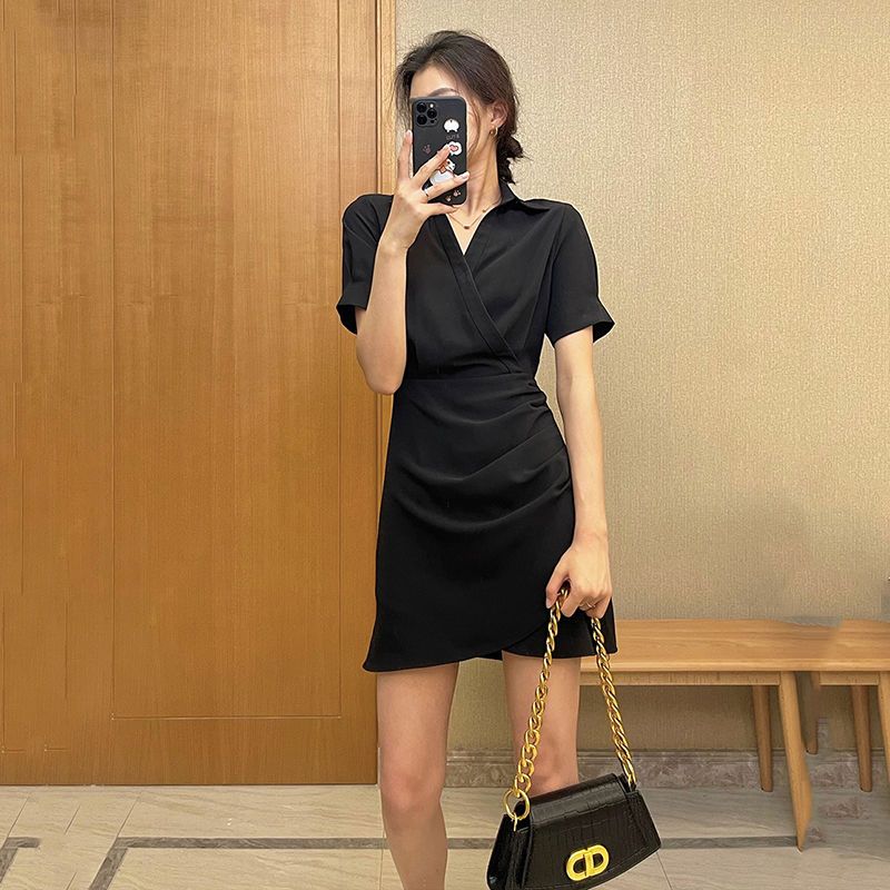 毆膩同款 韓國自訂 夏季設計感不規則褶皺開叉顯瘦襯衫洋裝