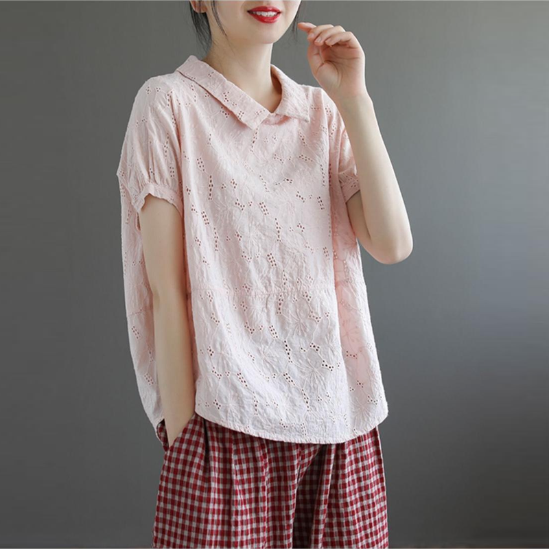 鏤空蕾絲文藝復古寬鬆顯瘦娃娃領短袖T恤 法式99支純細支亞麻襯衫