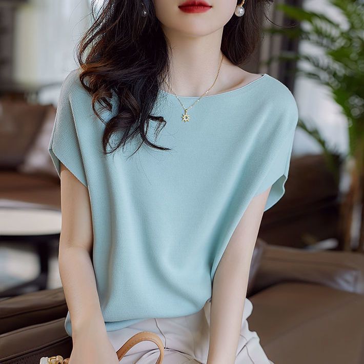 法式 圓領 素面 寬鬆 薄款 針織 T恤