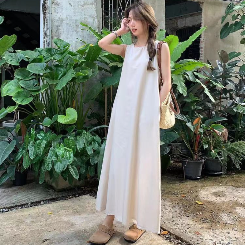 園遊會韓版氣質無袖踏青洋裝  寬鬆後背鏤空設計感圓領長款背心裙